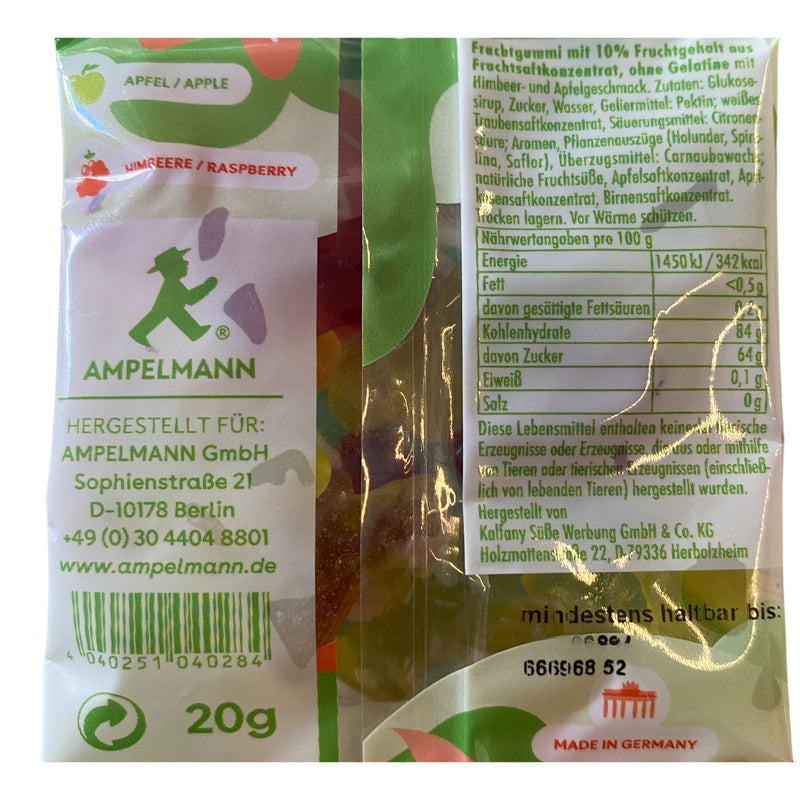 Vegane Fruchtgummi Tütchen mit Himbeer-Apfelgeschmack (rot/grün) in Ampelmännchen-Form, 10x 20g