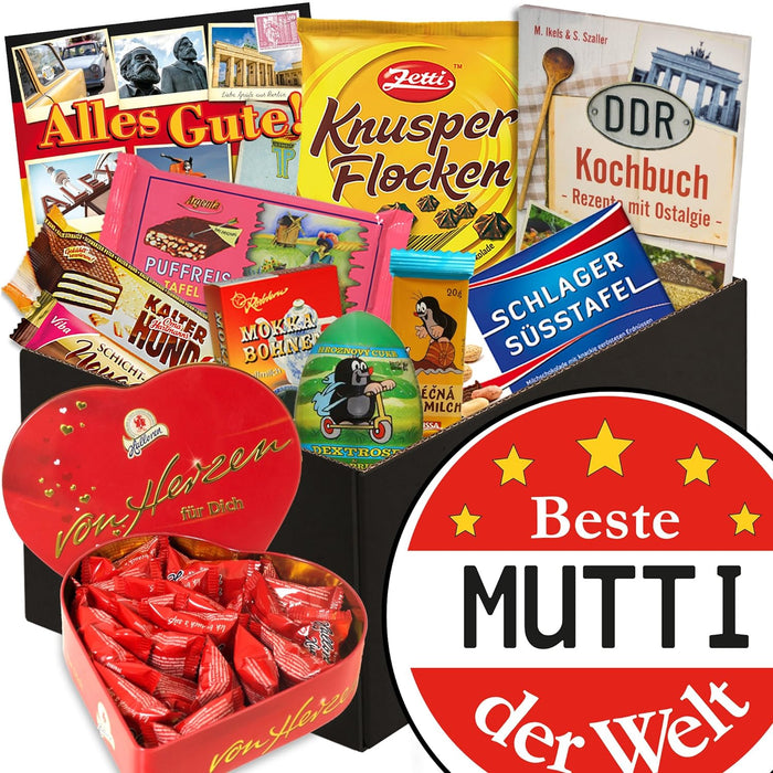 Ostpaket "Schokoladenbox Beste Mutti" in schwarzer Geschenkverpackung mit Hallorenbox