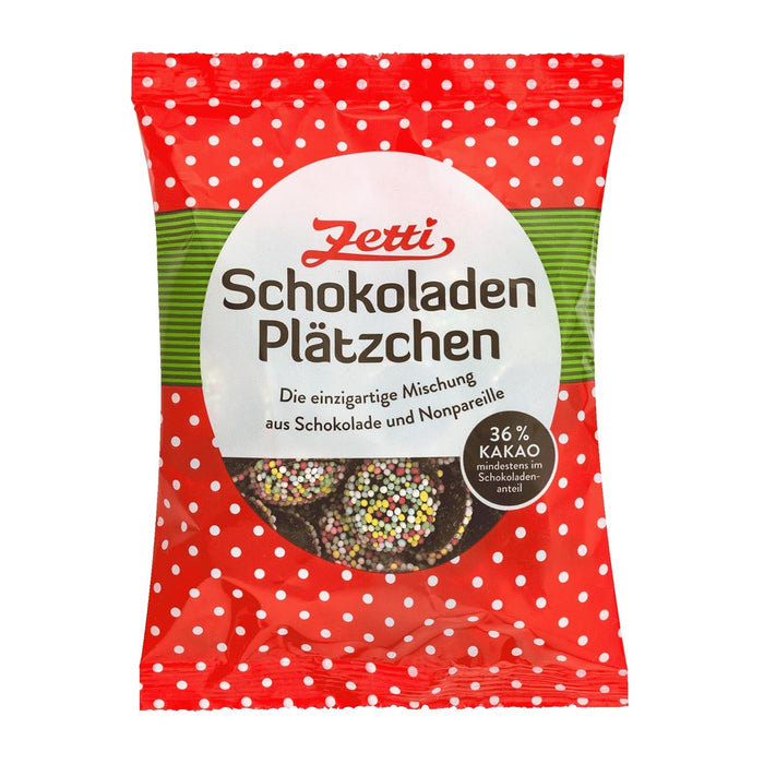 Zetti Schokoladenplätzchen mit Nonpareilles, knackige Schoko-Plätzchen, 150g – ca. Ø 2 cm, min. 36% Kakao