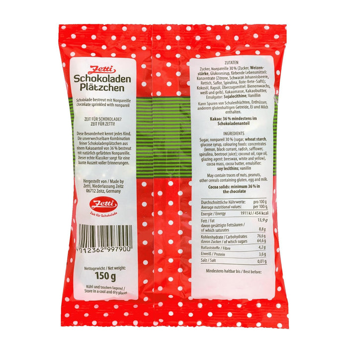 Zetti Schokoladenplätzchen mit Nonpareilles, knackige Schoko-Plätzchen, 150g – ca. Ø 2 cm, min. 36% Kakao