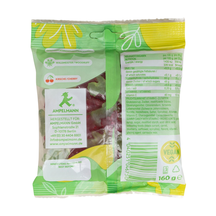 Vegane & Glutenfreie Fruchtgummis Gummibärchen Kirsche- & Waldmeister rot-grün in Ampelmännchen-Figuren, 160 g