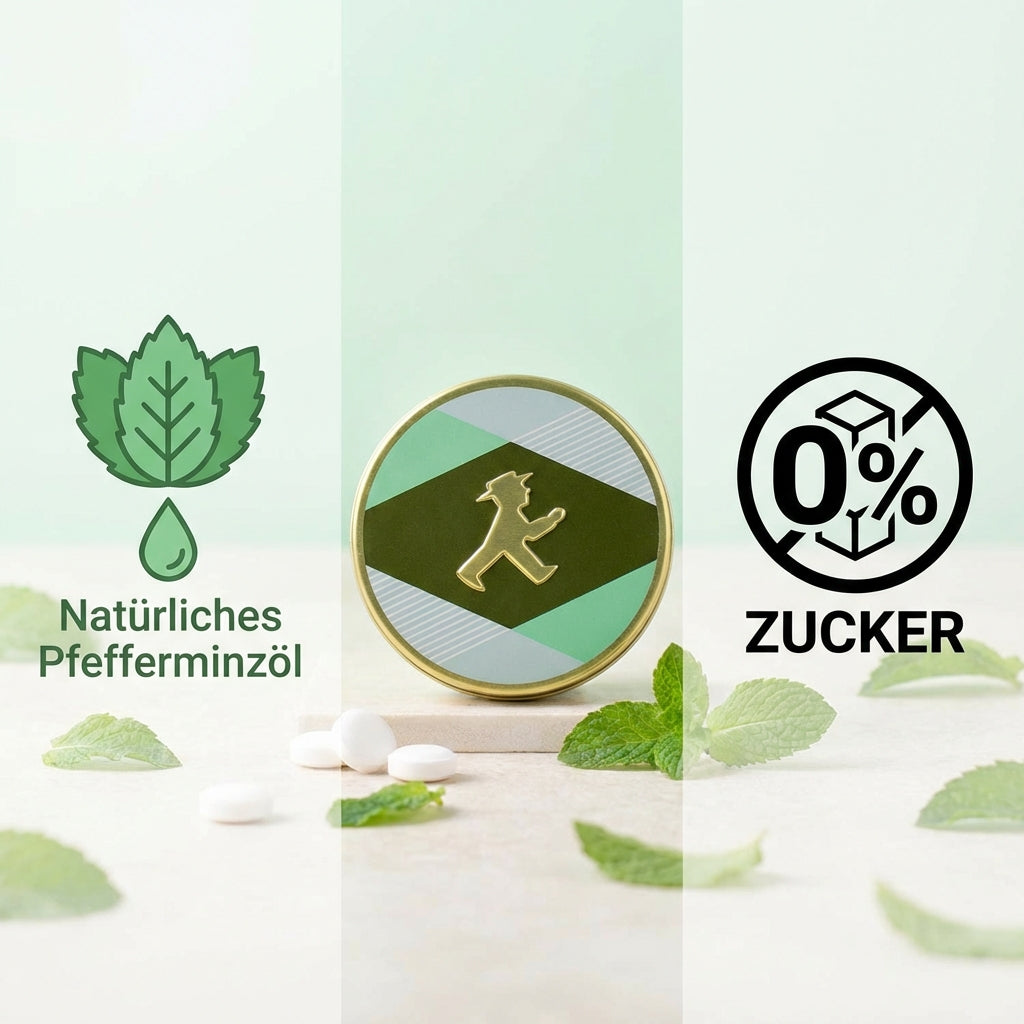 Pfefferminz-Pastillen in schöner Metalldose mit Goldprägung Ampelmann, 30g