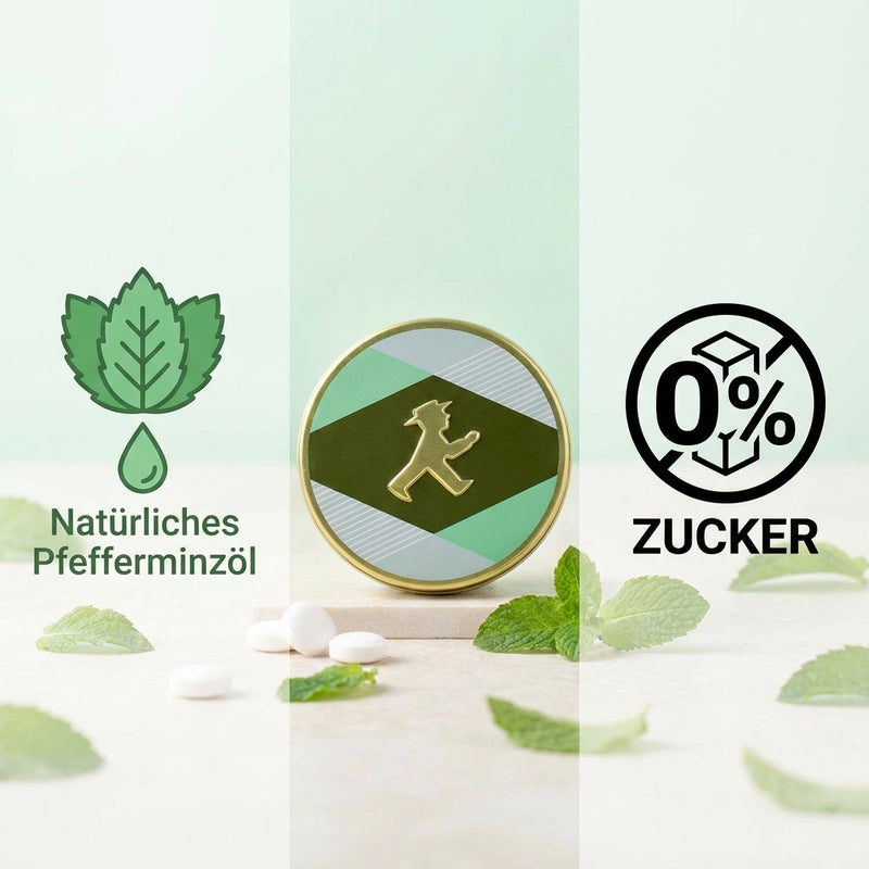 Pfefferminz-Pastillen in schöner Metalldose mit Goldprägung Ampelmann, 30g