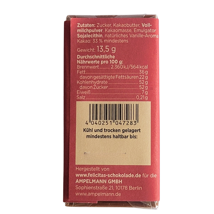 Cremige Edelvollmilch mit 37% Kakaoanteil in Ampelmann-Verpackung 13,5g