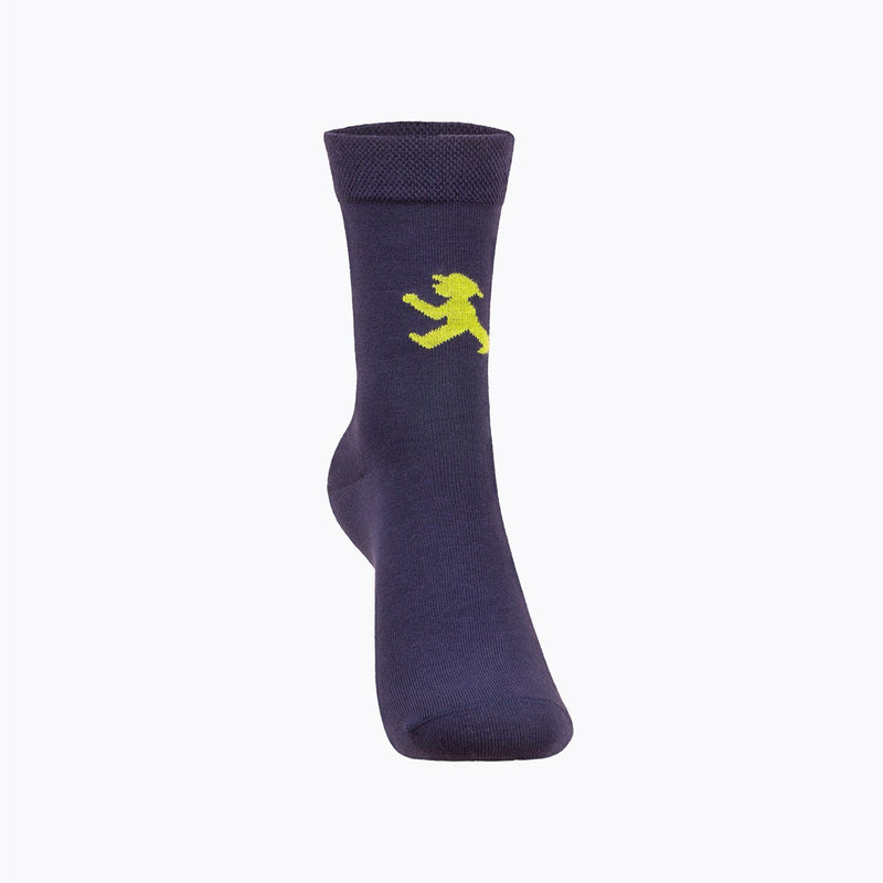Dunkelblaue Ampelmann-Kindersocken - mit flacher Fußspitzennaht und breiten Bund - Bio-Baumwolle