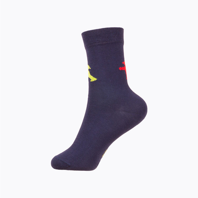 Dunkelblaue Ampelmann-Kindersocken - mit flacher Fußspitzennaht und breiten Bund - Bio-Baumwolle