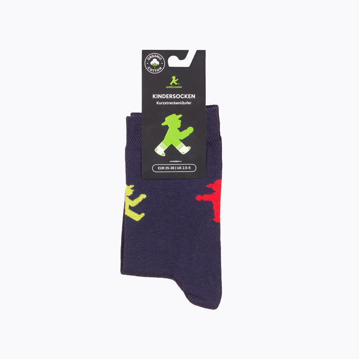 Dunkelblaue Ampelmann-Kindersocken - mit flacher Fußspitzennaht und breiten Bund - Bio-Baumwolle