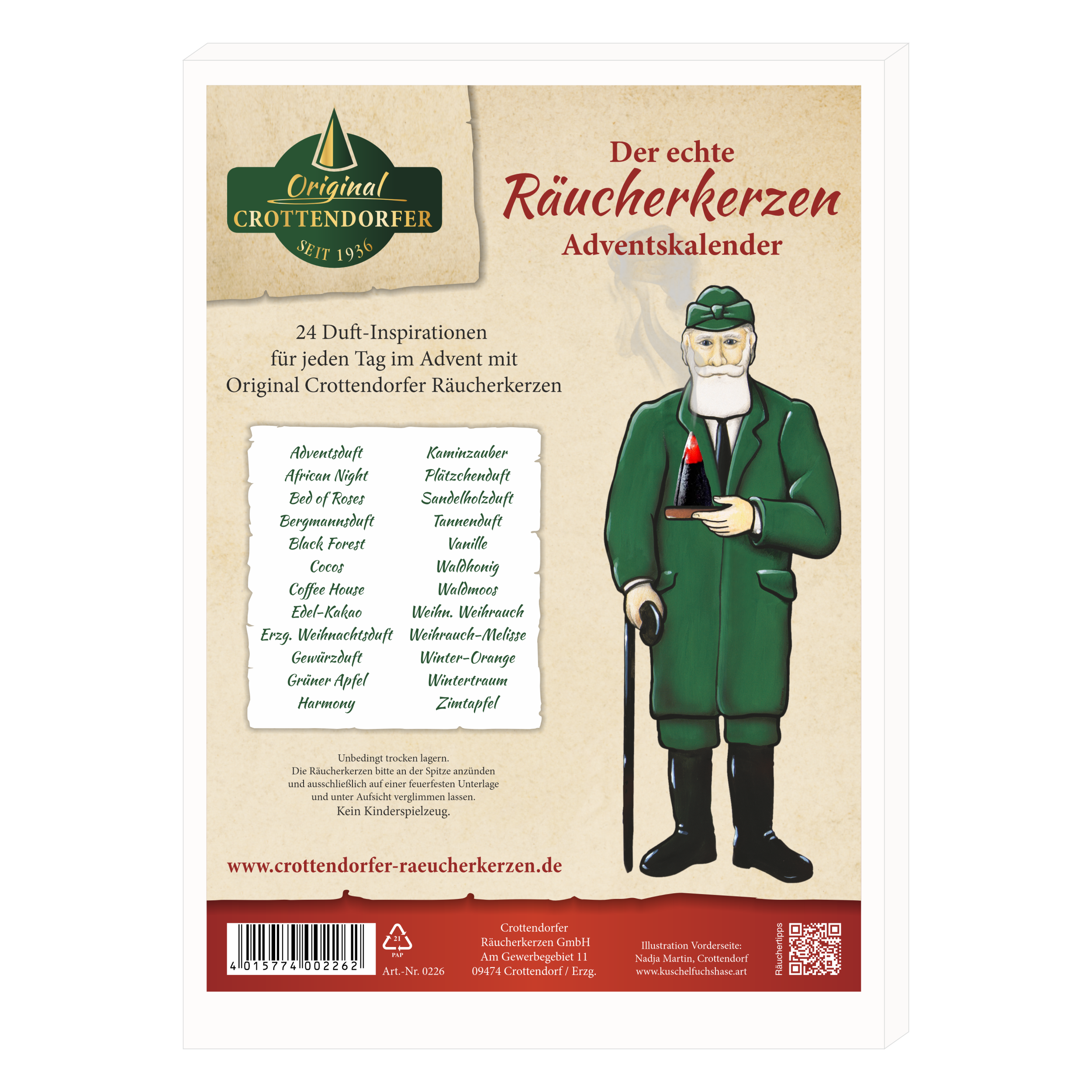 Original Crottendorfer Räucherkerzen Adventskalender 2026 – 24 verschiedene Düfte, 24 Stück - hochkant.
