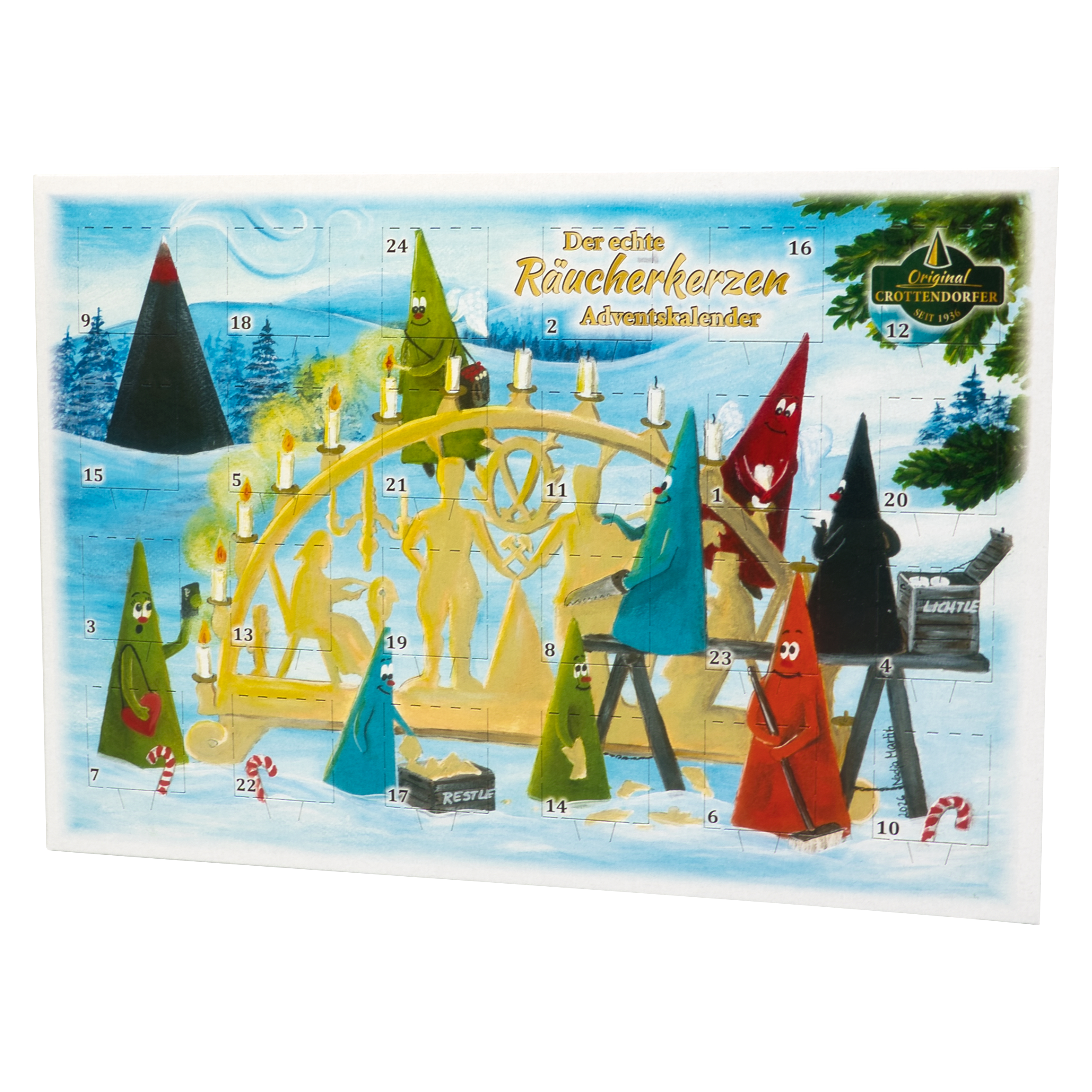 Original Crottendorfer Räucherkerzen Adventskalender 2026 – Querformat mit 24 Düften, 24 Stück.