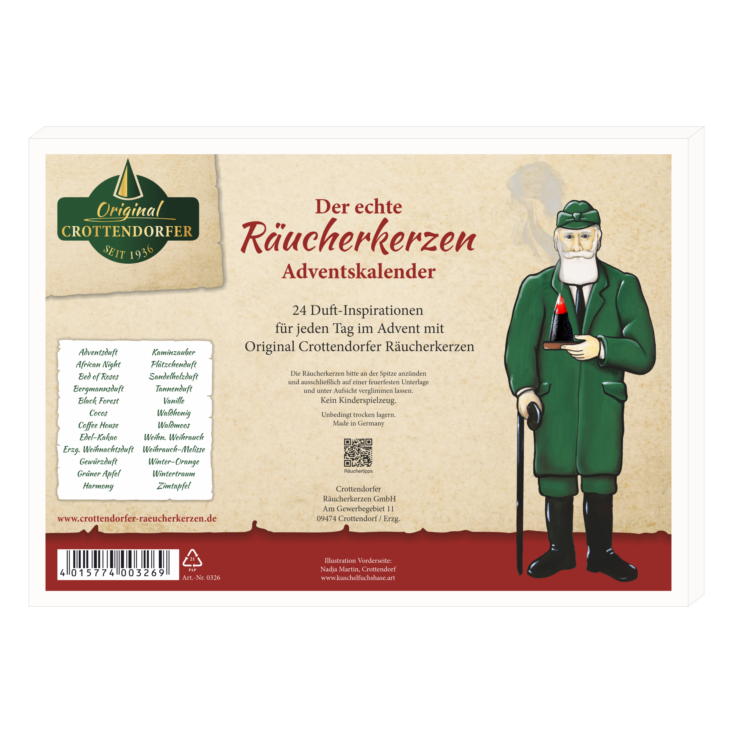 Original Crottendorfer Räucherkerzen Adventskalender 2026 – Querformat mit 24 Düften, 24 Stück.