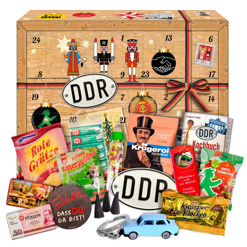DDR Advents-Kalender 2026 kaufen - mit Kultartikeln von Zetti, Dr. Quendt, Komet & Pfeffi – 24 nostalgische Überraschungen für Ostalgie-Fans