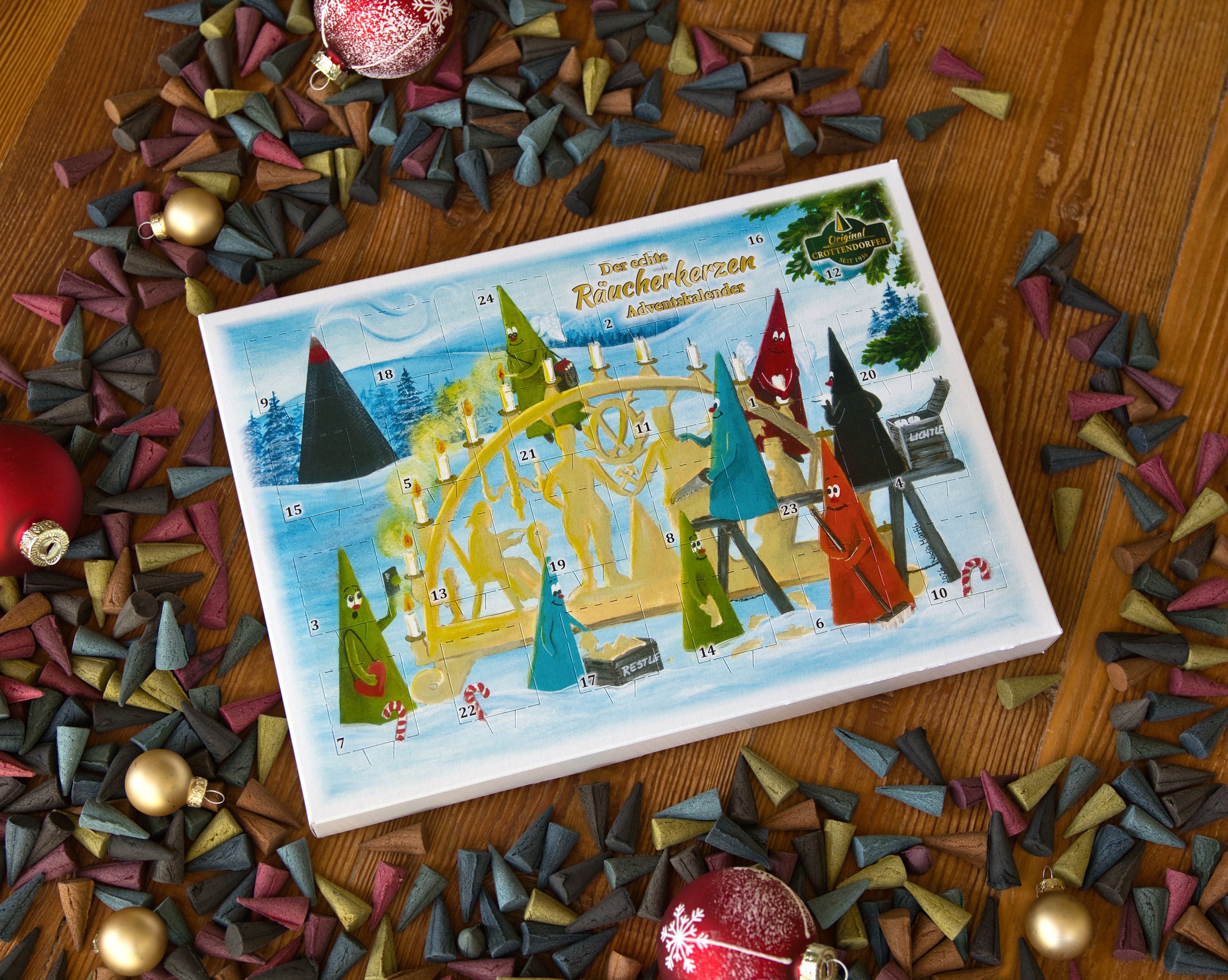Original Crottendorfer Räucherkerzen Adventskalender 2026 – Querformat mit 24 Düften, 24 Stück.