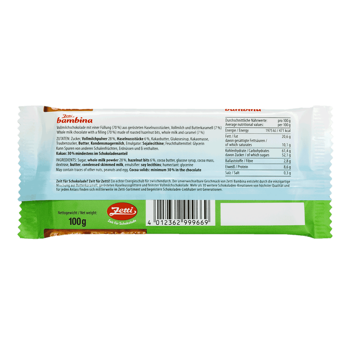 Zetti Bambina - Milchkaramel Haselnuss-Splitter Vollmilchschokolade 100g