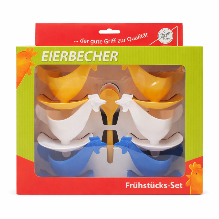 Eierbecher Frühstücks-Set - 6x Becher, 6x Löffel, 1x Geschenkbox