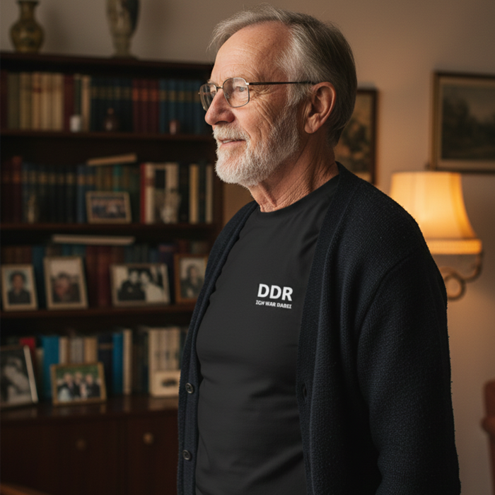T-Shirt "DDR  ICH WAR DABEI" schwarz schwarz mit weißem Schriftzug - Unisex klassischer Schnitt - 100% Baumwolle