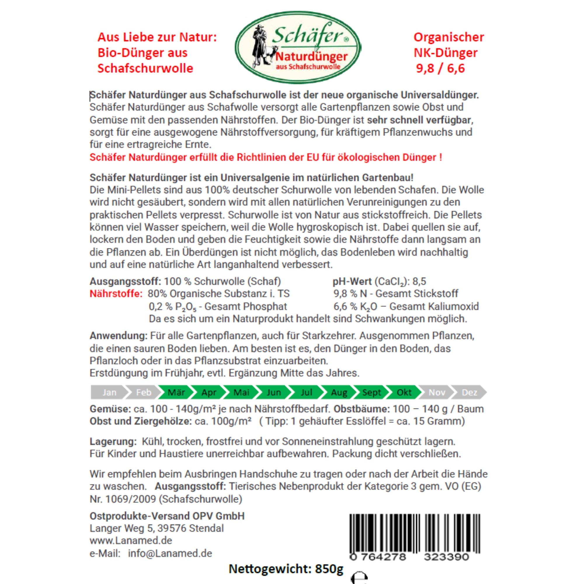 Schäfer Naturdünger – 850 g Bio-Schafwolldünger aus deutscher Wolle - Organischer Universaldünger für Obst & Gemüse - Stickstoffreich - Made in Germany