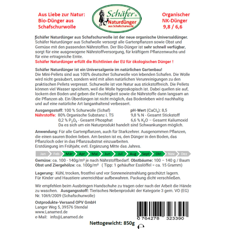 Schäfer Naturdünger – 850 g Bio-Schafwolldünger aus deutscher Wolle - Organischer Universaldünger für Obst & Gemüse - Stickstoffreich - Made in Germany