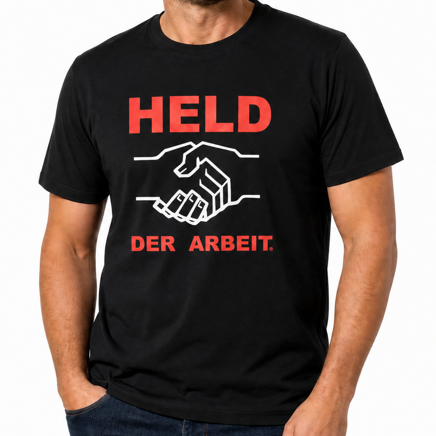 Held der Arbeit – Schwarzes T-Shirt mit farbigem Logo-Aufdruck - klassischer Unisex-Schnitt 100 % Baumwolle