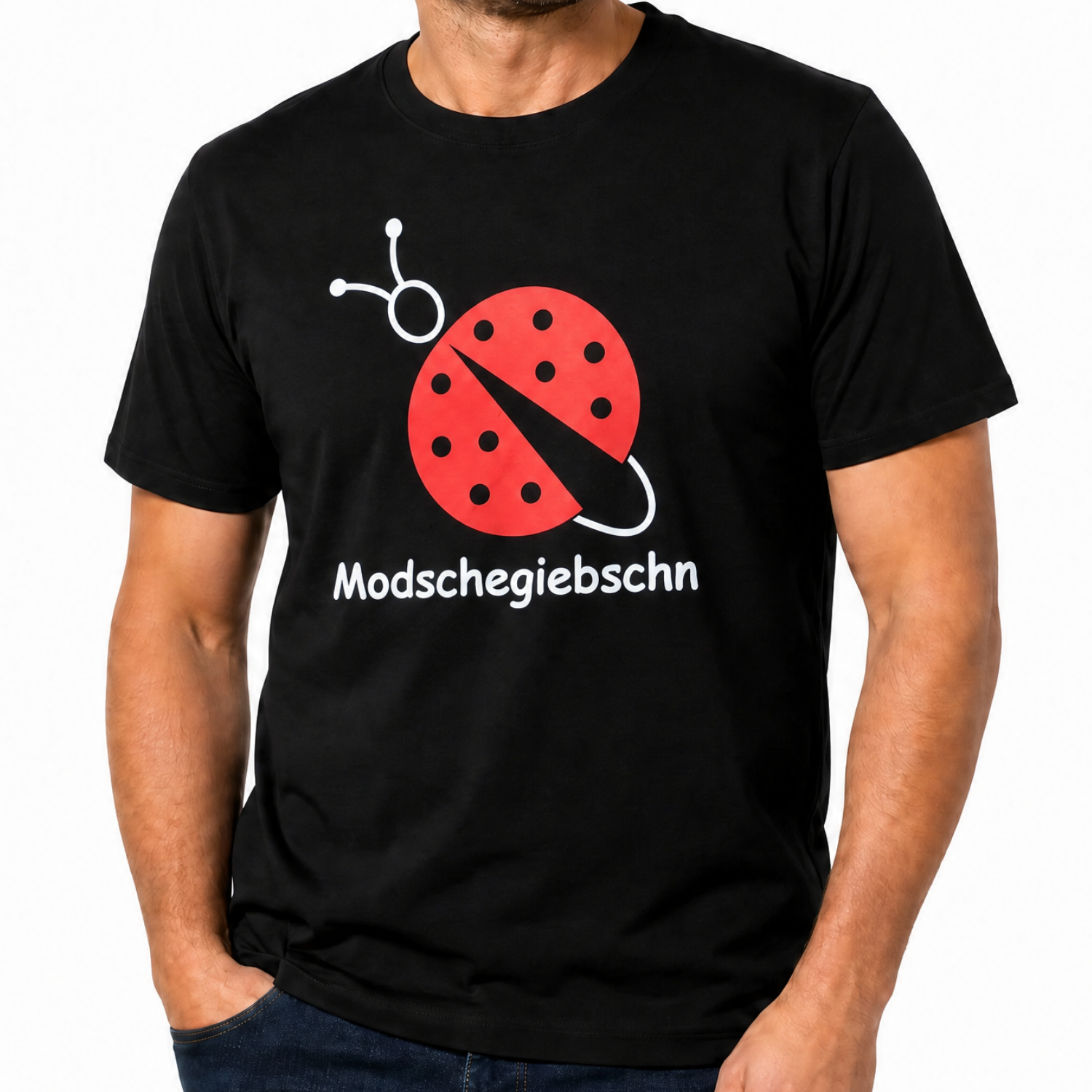 T-Shirt "Modschegiebschn" schwarz mit rot-weißem Aufdruck – 100% Baumwolle – Unisex gerader Schnitt