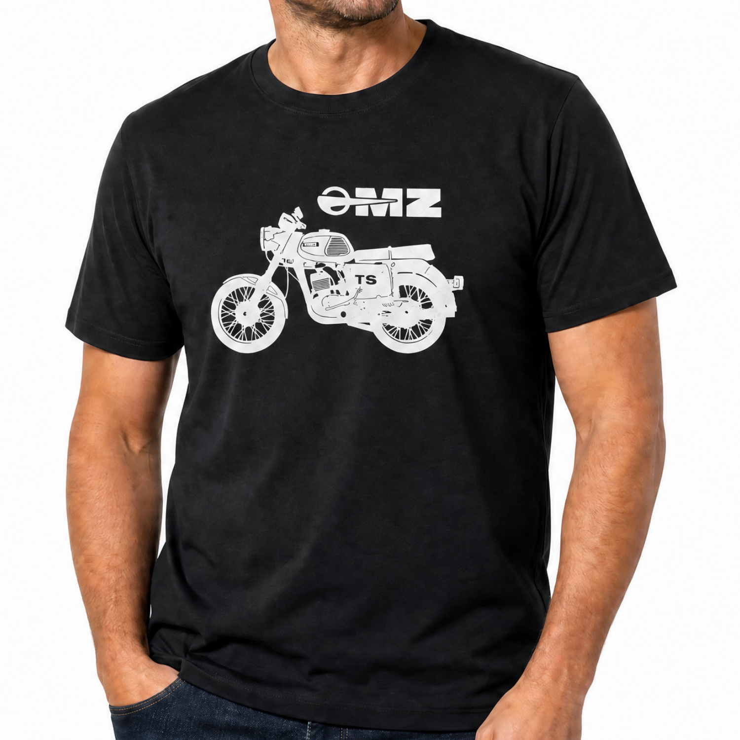 Schwarzes T-Shirt mit MZ TS 150 Modell aus 100% Baumwolle - klassischer Schnitt
