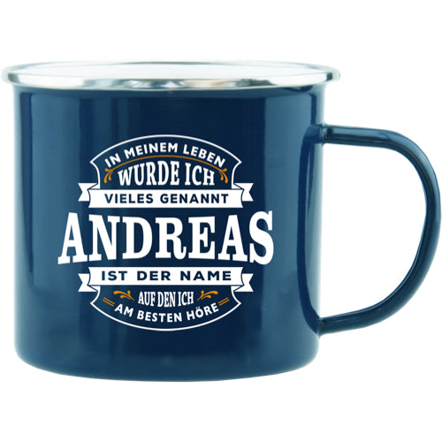 Emaille Becher / Tasse Andreas "Ich wurde vieles genannt"