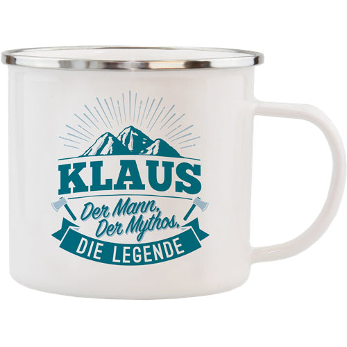 Emaille Becher / Tasse Klaus der Mann, der Mythos, die Legende