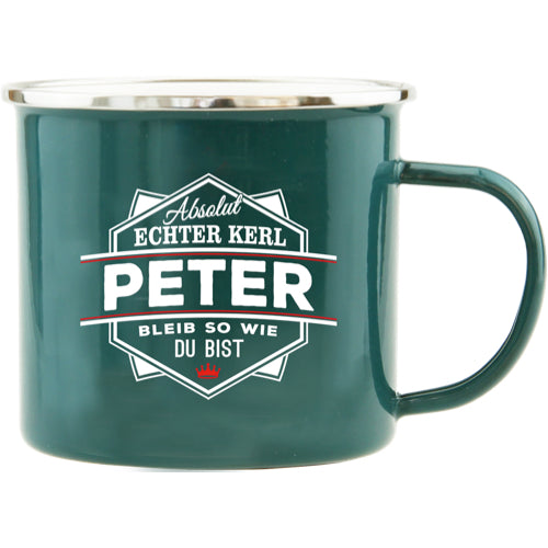 Emaille Becher / Tasse Peter bleib wie du bist