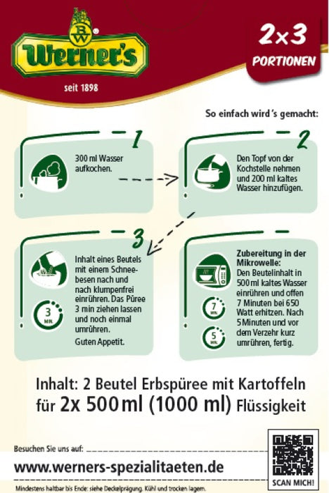 Werner's Erbspüree – cremige Erbsen-Kartoffel-Mischung, 2x3 Portionen, laktose- und glutenfrei 200 g