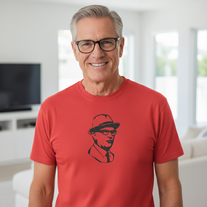 T-Shirt "Erich Honecker Konterfei" im leuchtenden Rot mit schwarzen Aufdruck – 100% Baumwolle – Unisex gerader Schnitt