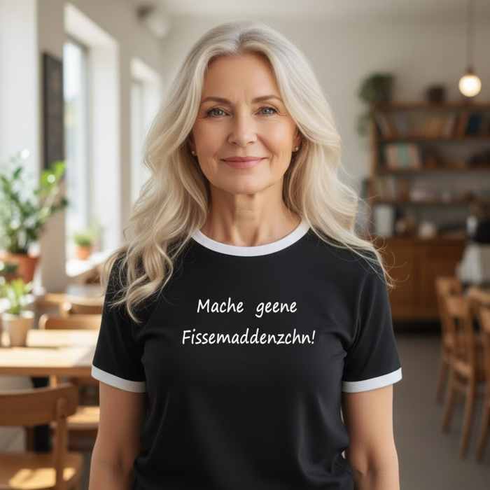T-Shirt "Mache geene Fissemaddenzchn!" schwarz mit weißem Aufdruck – 100% Baumwolle – Unisex gerader Schnitt
