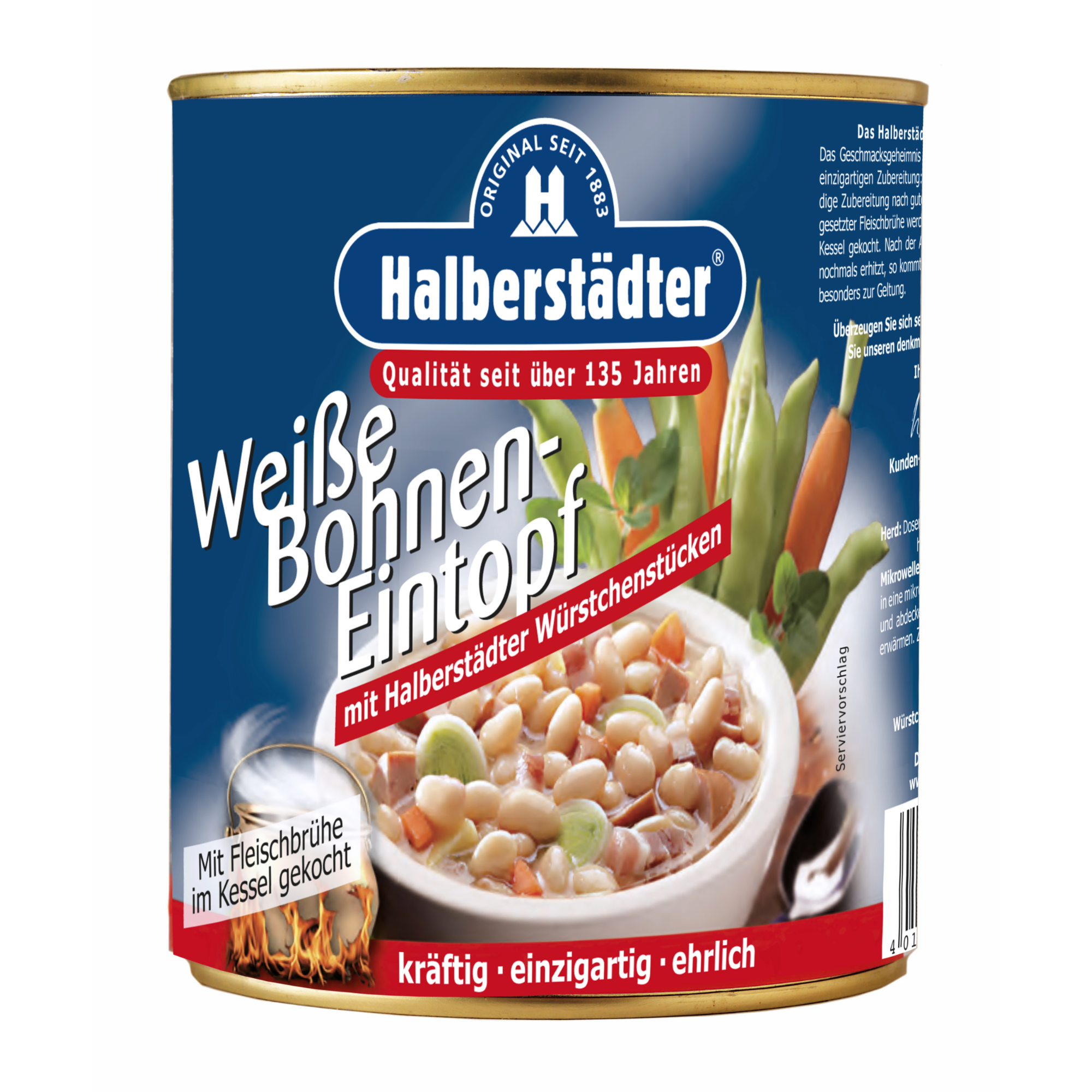 Halberstädter Weiße Bohnen Eintopf/Suppe 800 g Dose – mit Fleischbrühe im Kessel gekocht, mit Halberstädter Würstchenstücken, Gemüse & Kartoffeln