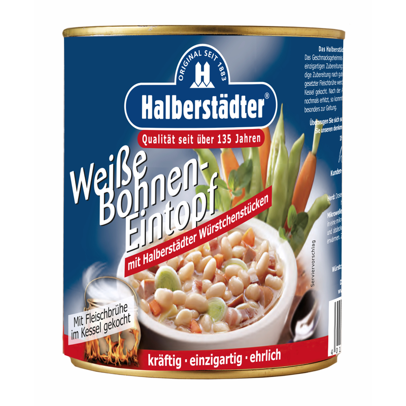 Halberstädter Weiße Bohnen Eintopf/Suppe 800 g Dose – mit Fleischbrühe im Kessel gekocht, mit Halberstädter Würstchenstücken, Gemüse & Kartoffeln