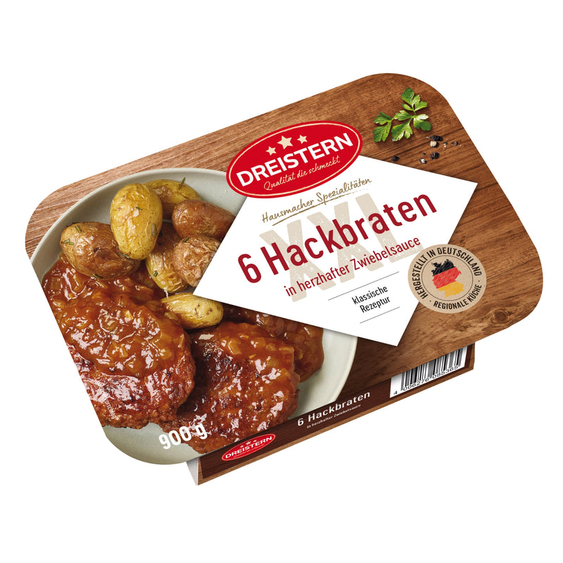 Dreistern Hackbraten 900g – 6 Stück in würziger Zwiebelsauce – Herzhaftes Fertiggericht in Mikrowellenschale, lange haltbar & schnell serviert in Hausmacher Qualität