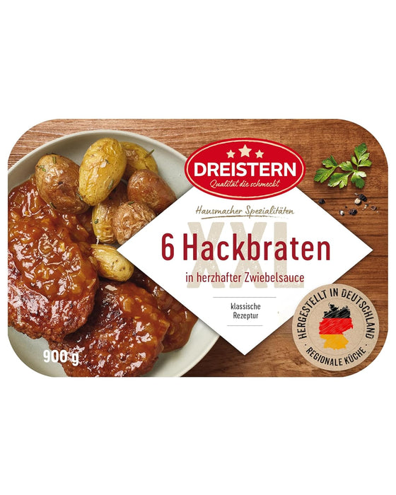 Dreistern Hackbraten 900g – 6 Stück in würziger Zwiebelsauce – Herzhaftes Fertiggericht in Mikrowellenschale, lange haltbar & schnell serviert in Hausmacher Qualität