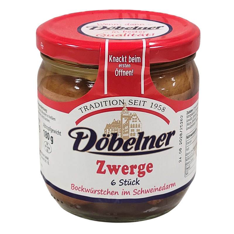 Döbelner Zwerge Bockwürstchen im Schweinedarm, 6 × 30 g, Abtropfgewicht 180 g – geräuchert, in klarer Lake