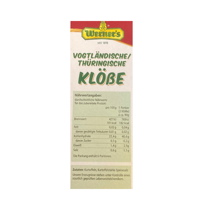 Werners Original Thüringer-Vogtländische Klöße – Gluten- und Lactosefrei - 12 Klöße
