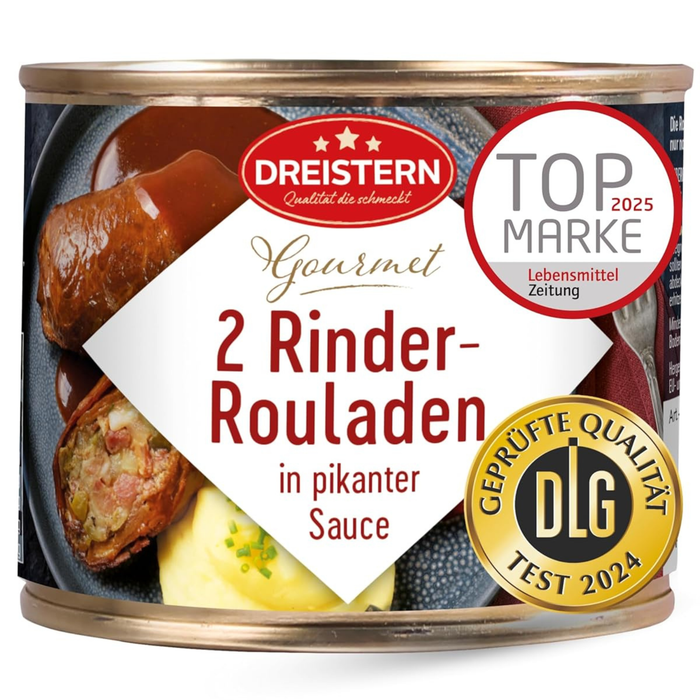 Dreistern Gourmet Rinderrouladen 500g – 2 handgerollte Rouladen mit klassischer Füllung in pikanter Bratensauce – Hausmacher Qualität, schnell zubereitet & lange haltbar