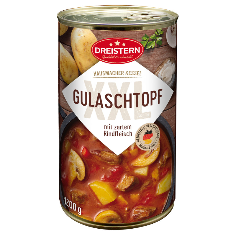 DREISTERN herzhafte Gulaschtopf 1200g – XXL Fertiggericht mit Rindfleisch & Kartoffeln – Herzhafter Eintopf – Hausmacher Qualität, lange haltbar & schnell zubereitet