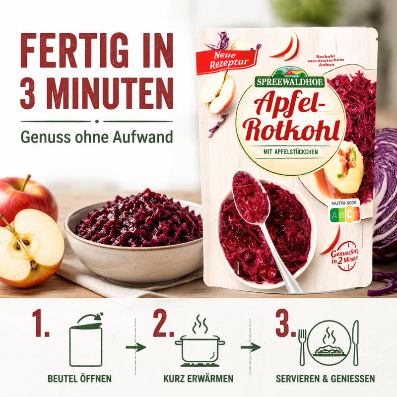 Spreewaldhof Apfel-Rotkohl mit Apfelstückchen - erwärmen & sofort verzehrfertig - vegan - Gluten- & Laktosefrei 400g