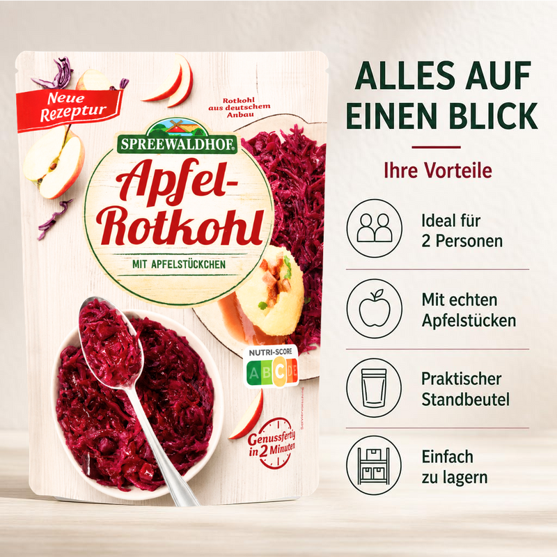Spreewaldhof Apfel-Rotkohl mit Apfelstückchen - erwärmen & sofort verzehrfertig - vegan - Gluten- & Laktosefrei 400g