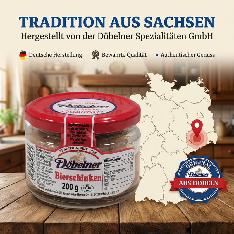 Döbelner Spezialität Bierschinken, 200 g – schnittfeste Wurstspezialität mit 84 % Schweinefleisch