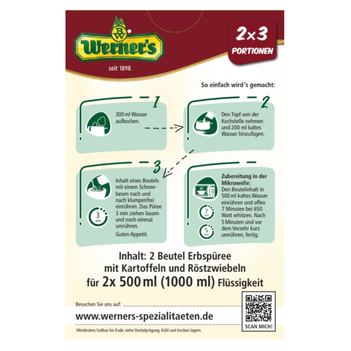 Werners Erbspüree mit Röstzwiebeln – 2×3 Portionen, glutenfrei, lactosefrei, ohne Farbstoffe & ohne zugesetzte Aromen