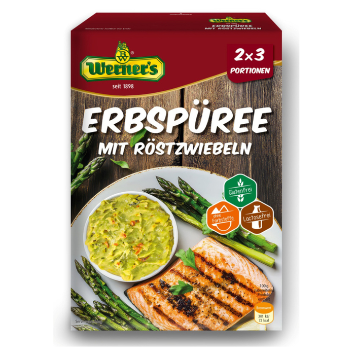 Werners Erbspüree mit Röstzwiebeln – 2×3 Portionen, glutenfrei, lactosefrei, ohne Farbstoffe & ohne zugesetzte Aromen