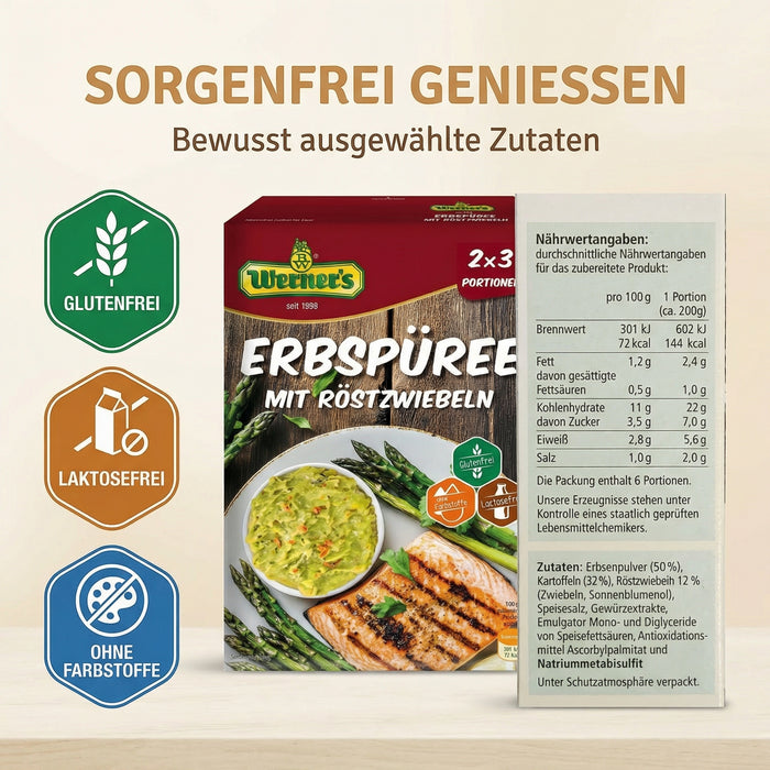 Werners Erbspüree mit Röstzwiebeln – 2×3 Portionen, glutenfrei, lactosefrei, ohne Farbstoffe & ohne zugesetzte Aromen