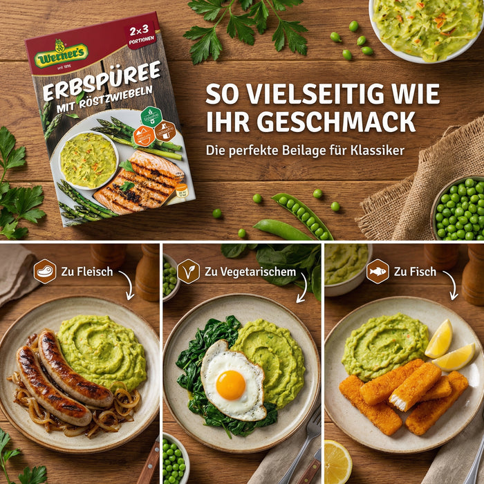 Werners Erbspüree mit Röstzwiebeln – 2×3 Portionen, glutenfrei, lactosefrei, ohne Farbstoffe & ohne zugesetzte Aromen