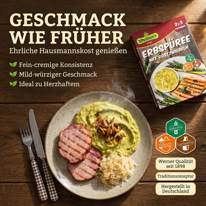Werners Erbspüree mit Röstzwiebeln – 2×3 Portionen, glutenfrei, lactosefrei, ohne Farbstoffe & ohne zugesetzte Aromen