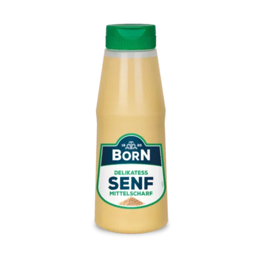 Born Delikatess-Senf mittelscharf 300ml Dosierflasche.