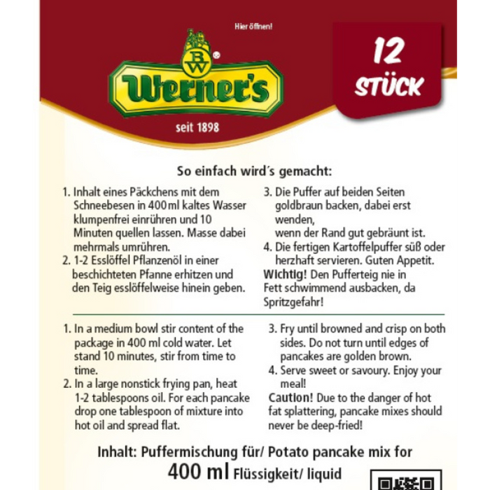 Werner's Kartoffelpuffer 12 Stk. - natürliche Zutaten - anrühen-ziehen lassen-ausbacken 120g