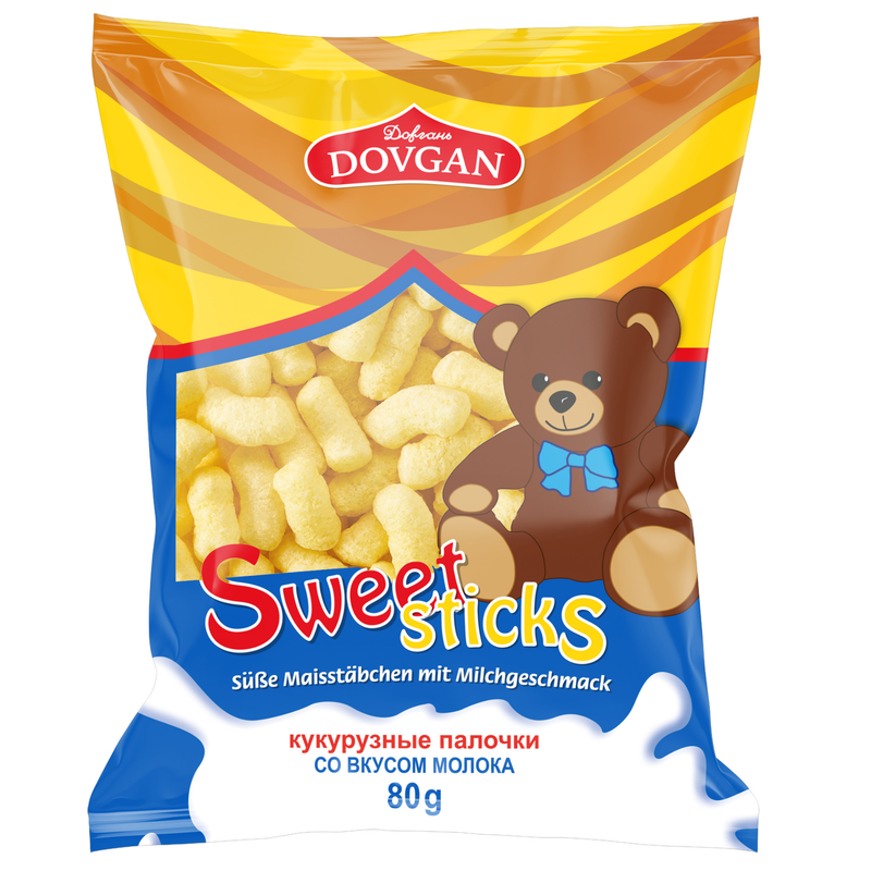 DOVGAN Sweet Sticks Süße Maisstäbchen mit Milchgeschmack 80 g – knusprige Mais-Knabbererzeugnis