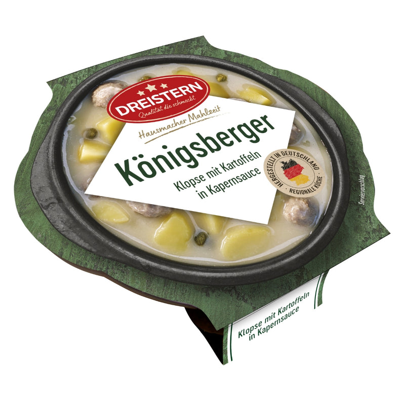 Dreistern Königsberger Klopse aus fein zerkleinertem Schweinefleisch mit Kartoffeln in Kapernsauce - einfach aufwärmen & fertig 400g